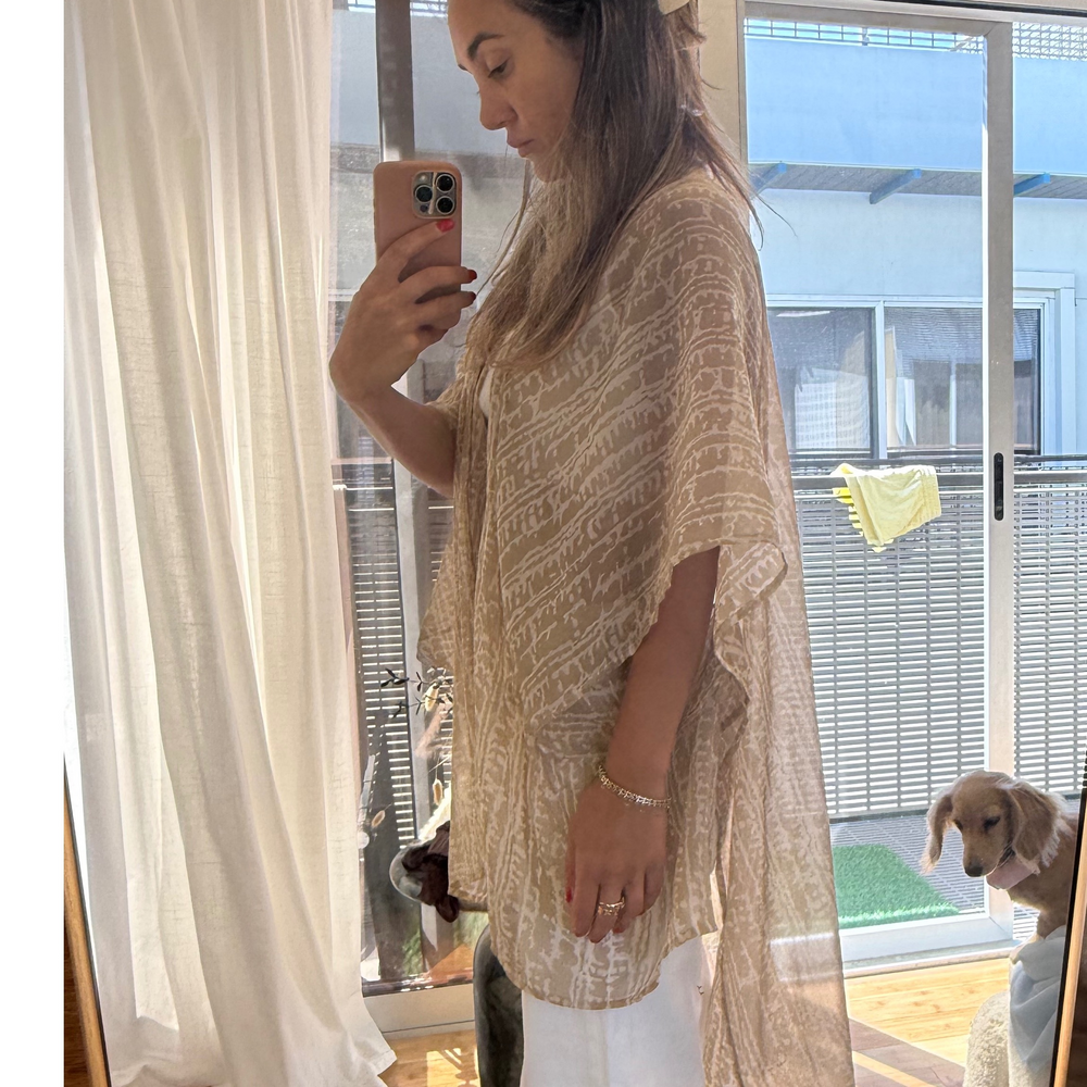 Boutique Sheer Beige Boho Kimono Beach Cover Up | Lightweight Open Front Duster - Picture 2 of 3